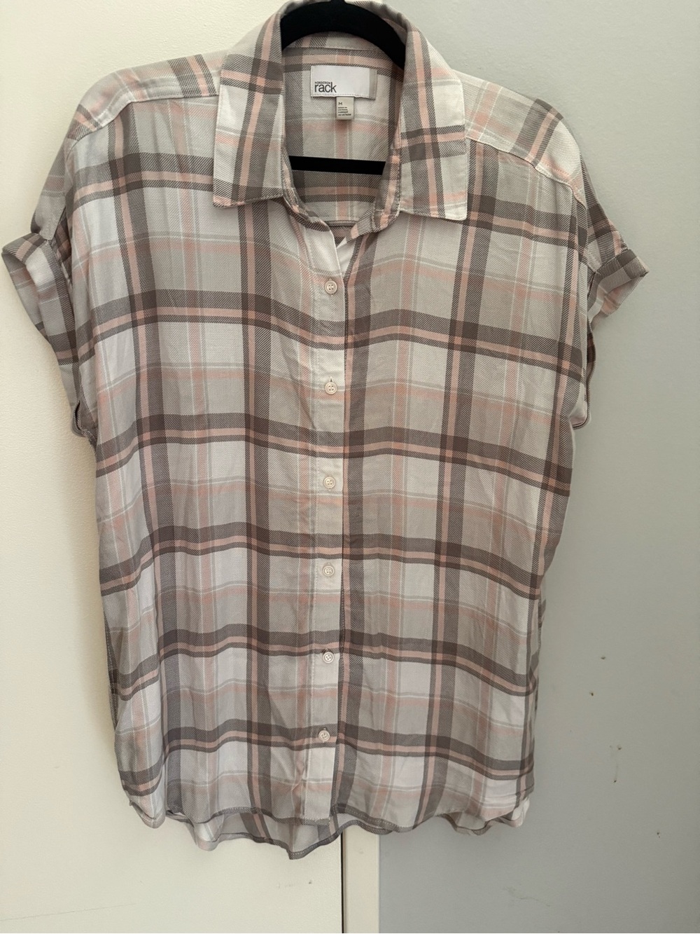 Rack Plaid Short-Sleeve Button-Front Shirt in Cream and Brown